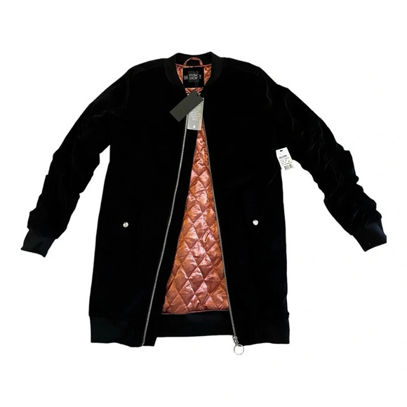 NWT Volcom Womens XS Stone Row Long Black Velvet Coat Pink Quilted Lining Zip Up - Picture 3 of 10